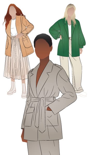 Loren Jacket Extension Pack By Style Arc - Change up your Loren Jacket with this extension pack featuring two collar styles, two sleeve options, plus belt and pocket options. You will also need the original Loren Jacket sewing pattern to use this extension pack.