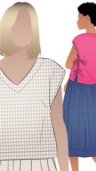 Rumi Woven Top By Style Arc - Beginner-friendly, square-shaped top with V or round neck options and optional side ties. Perfect to pair with the Rumi Pants and Skirt.