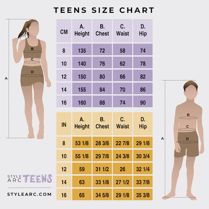 Style Arc Kids - Teens Size Chart - Sizes 8-16