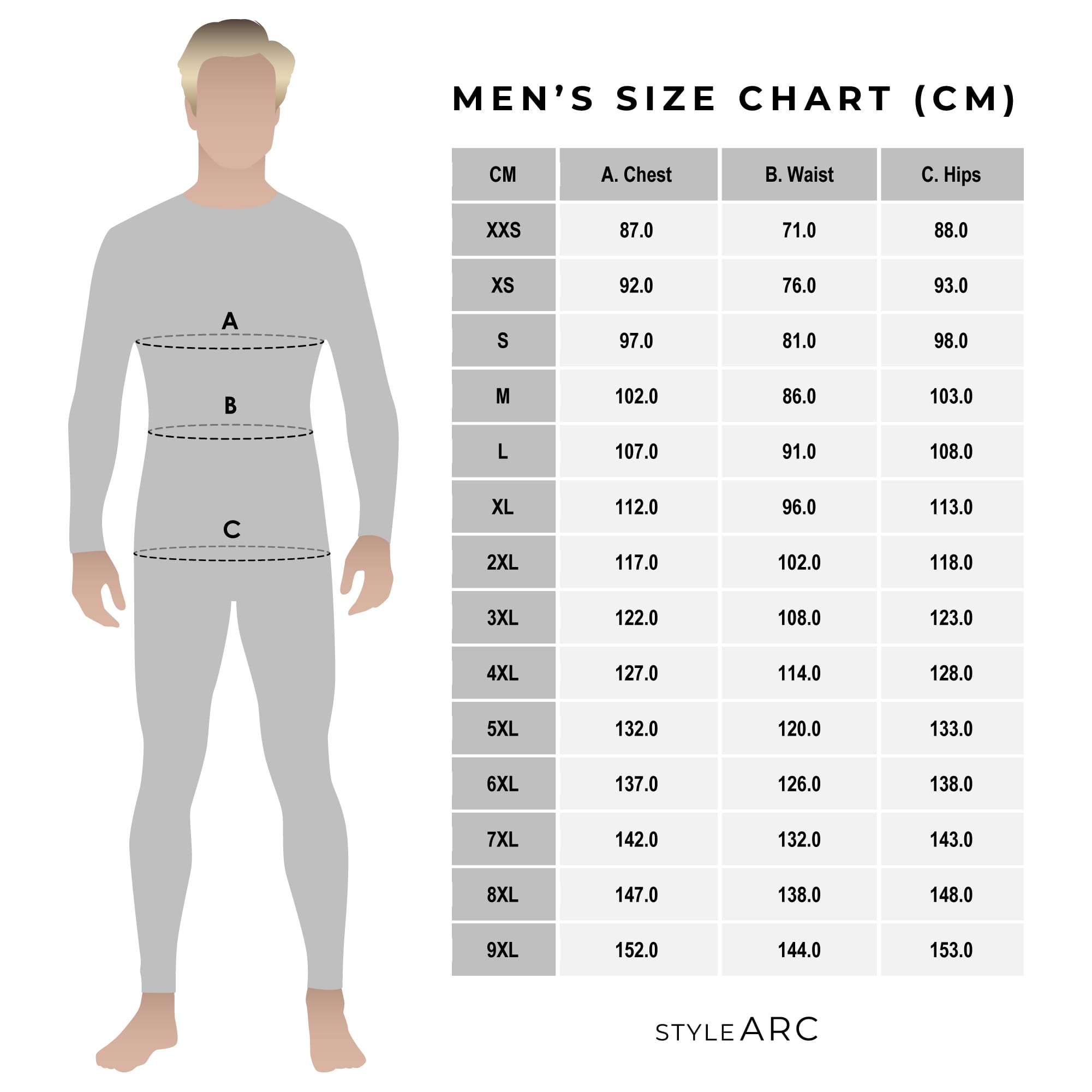 Style Arc Mens Sewing Patterns - Size Chart (centimetres)