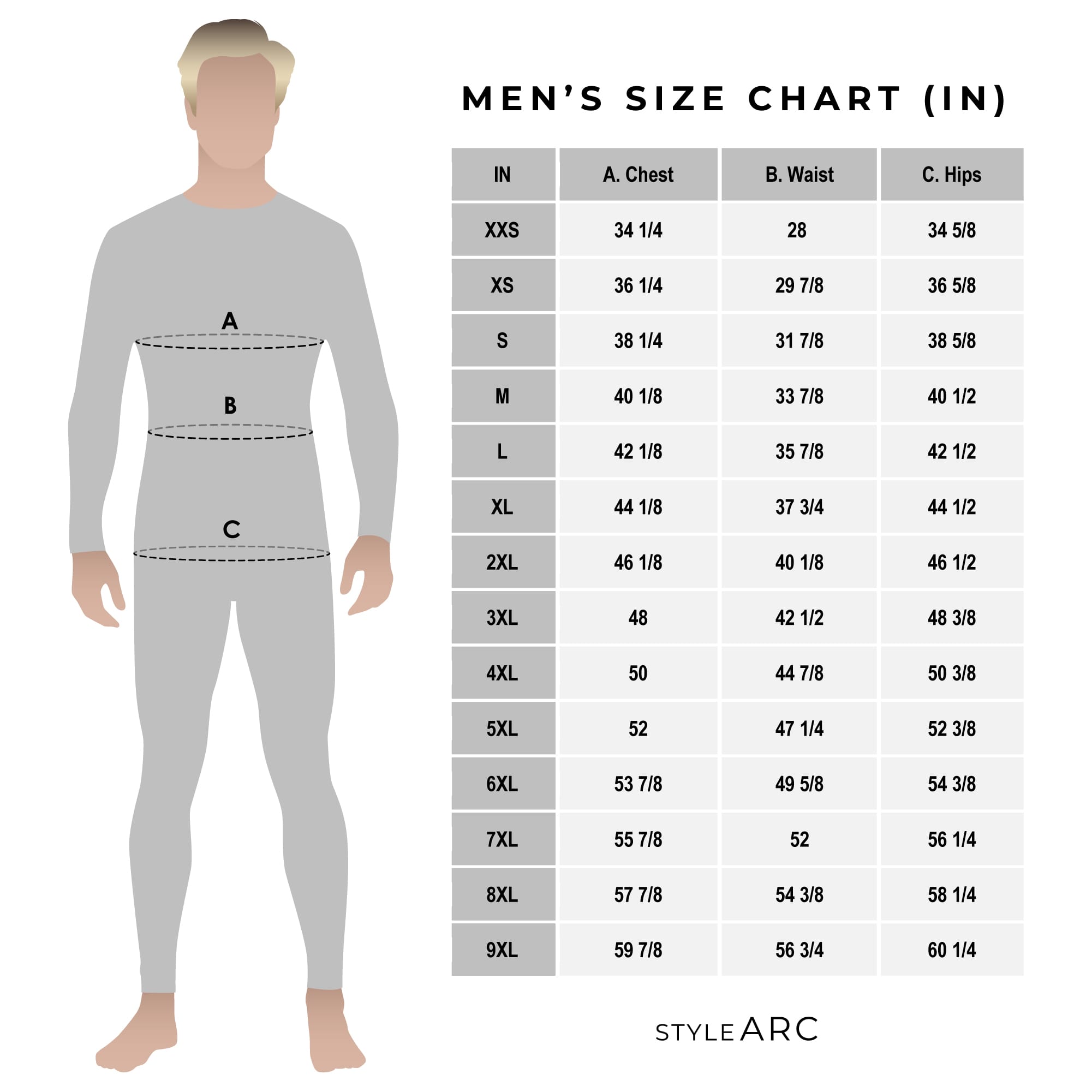 Style Arc Mens Sewing Patterns - Size Chart (inches)